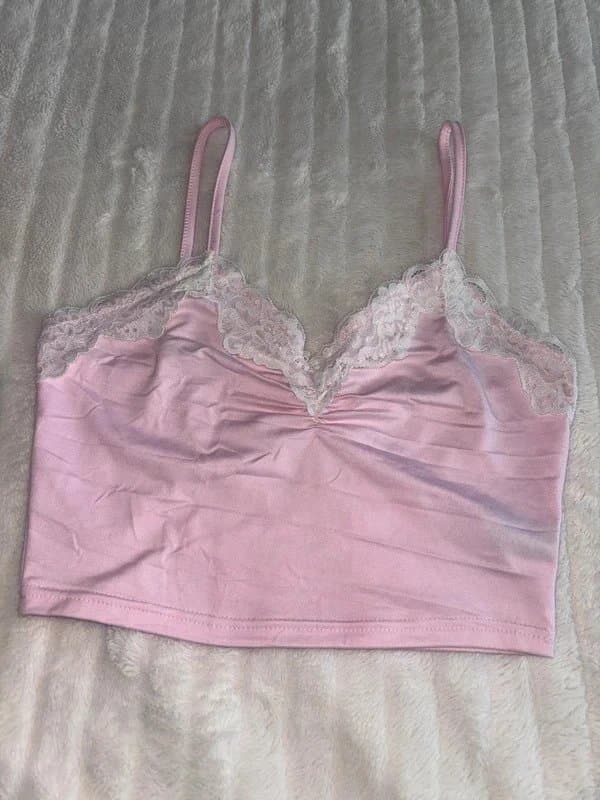 Pink Pastel Baby Pink Lace Trim Camisole top cropped