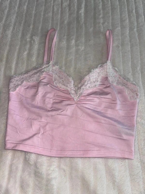 Pink Pastel Baby Pink Lace Trim Camisole Top