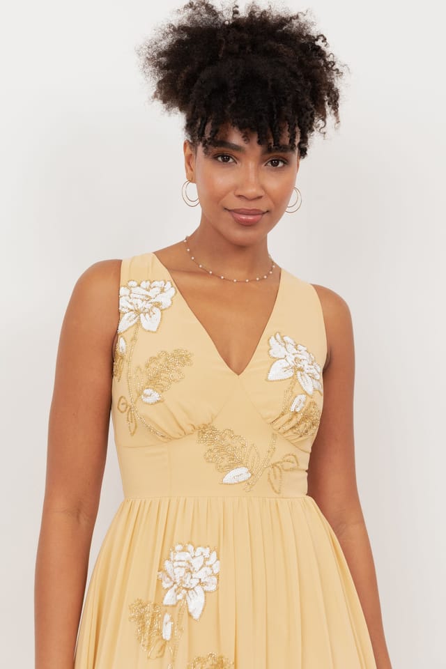 Maya Deluxe Maya Deluxe Women's Floral Embellished V Neck Midaxi Dress in Yellow - 3