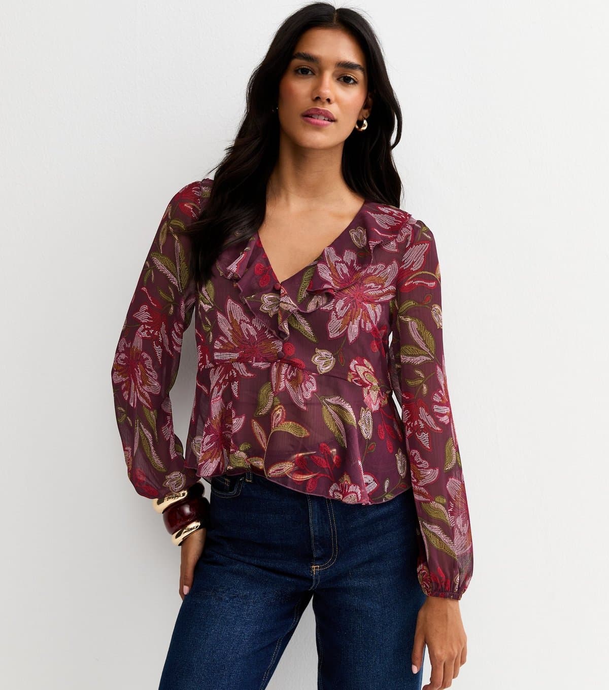 New Look Women's Dark Pink Floral Chiffon Tea Blouse New Look