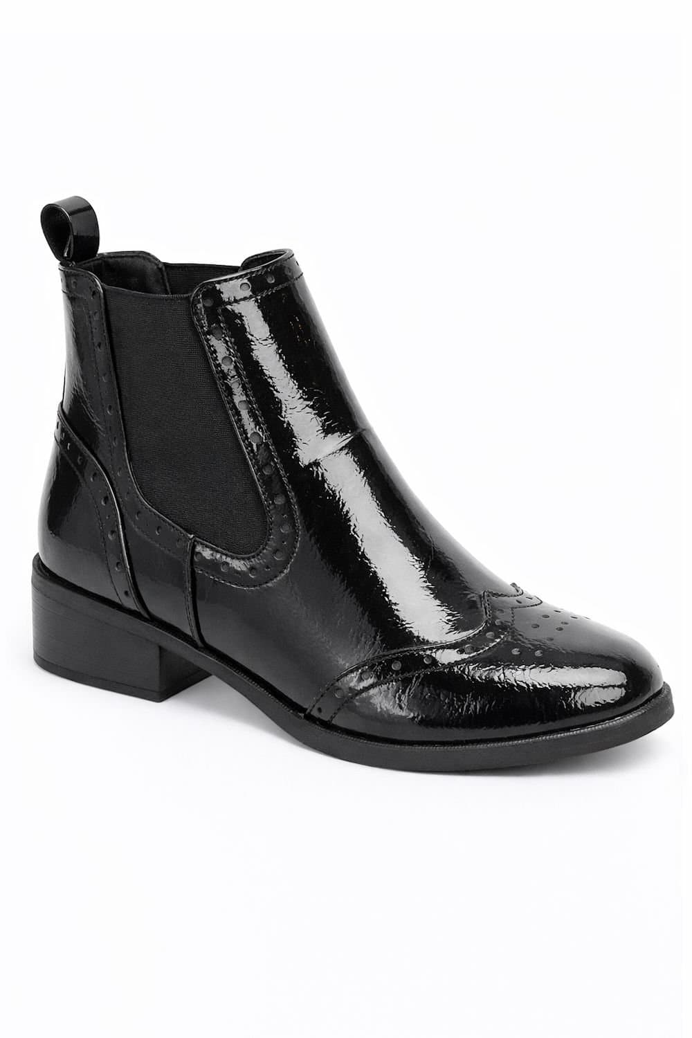 Spot On Spot On Women's Patent Brogue Chelsea Ankle Boot with Block Heel in Black