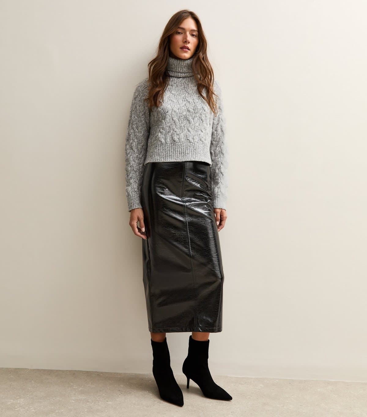 New Look Women's Black Cracked Faux Leather Midi Skirt New Look