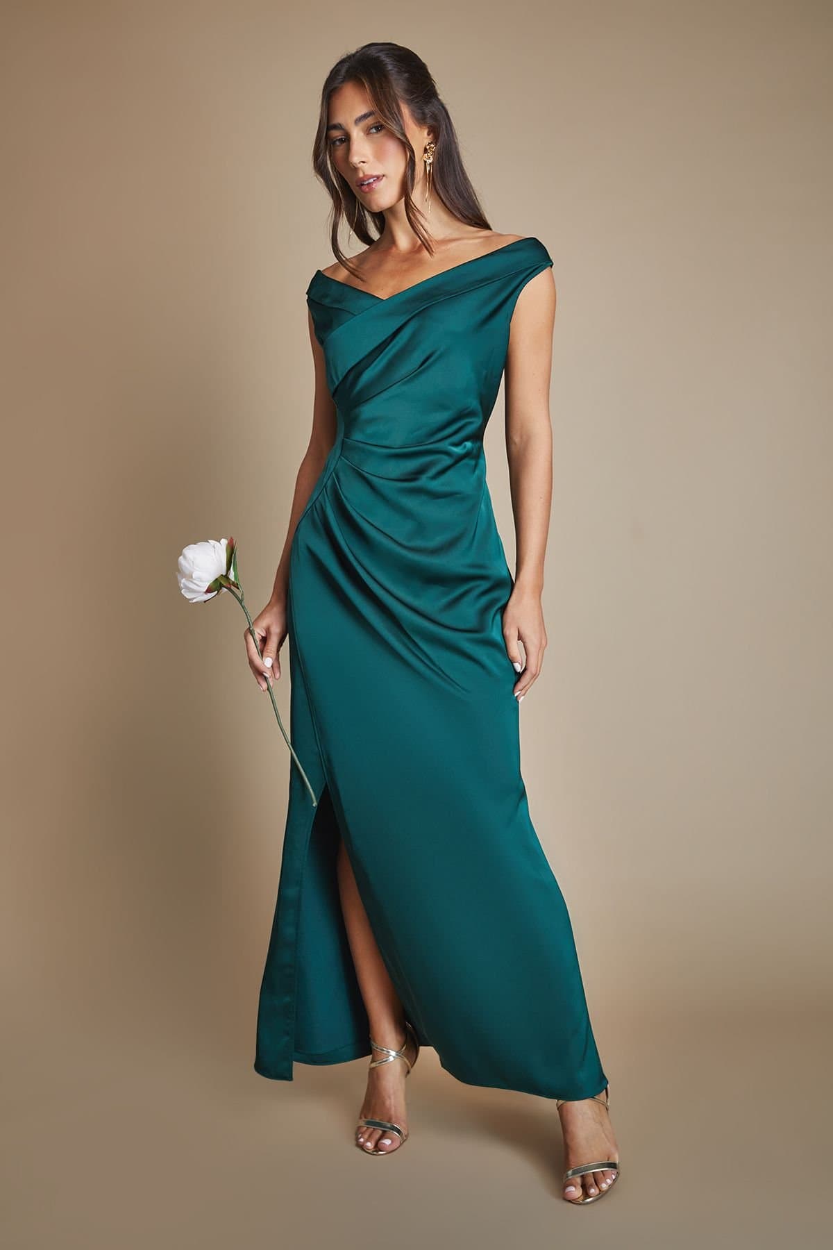 Coast Coast Women's Satin Bardot Bridesmaid Maxi Dress with Waist Ruching Detail in Emerald