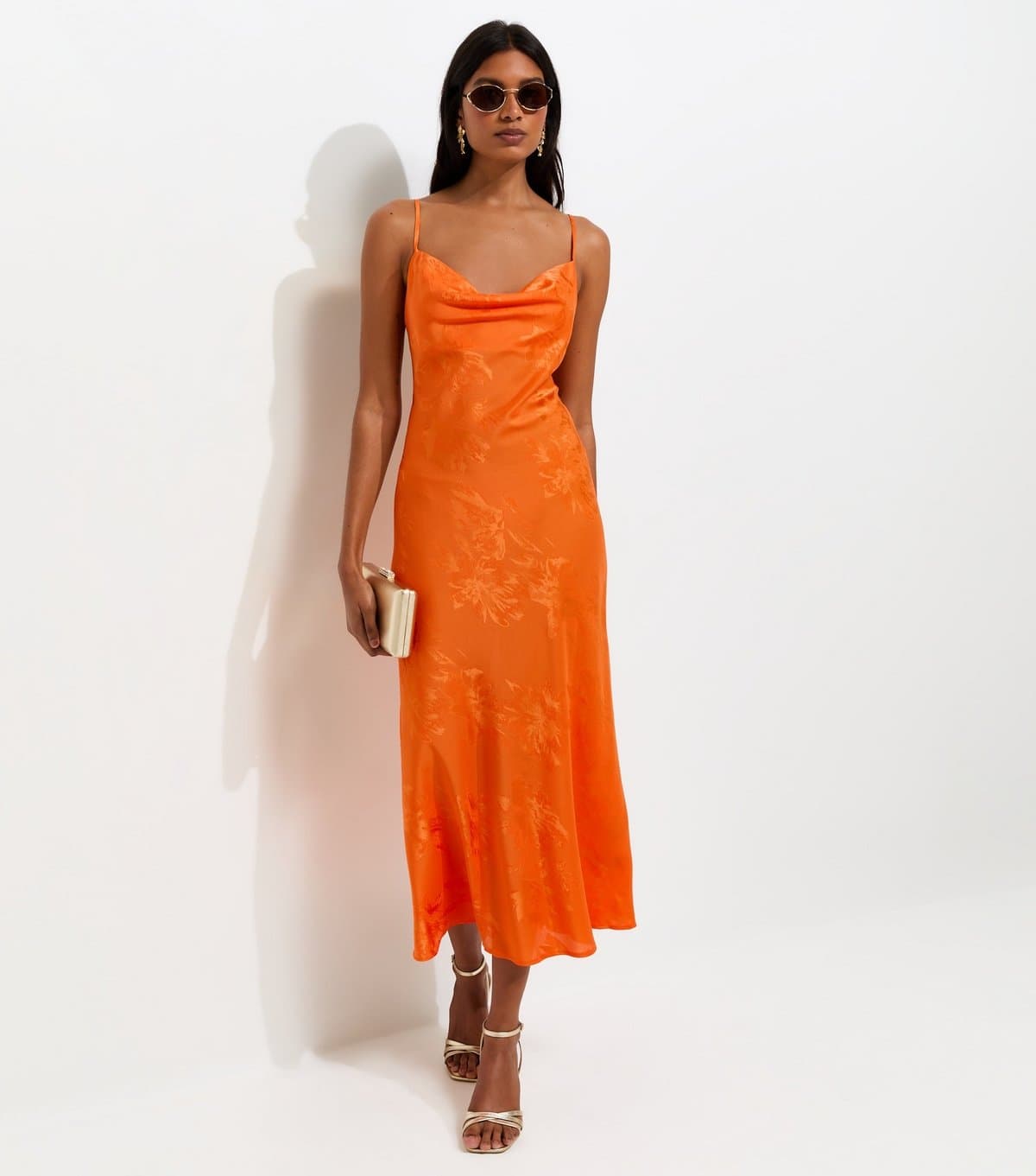 New Look Women's Bright Orange Floral Jacquard Cowl Neck Strappy Midi Dress New Look