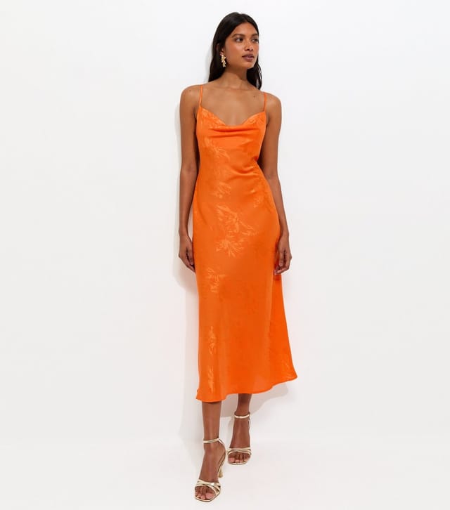 New Look Women's Bright Orange Floral Jacquard Cowl Neck Strappy Midi Dress New Look - 2