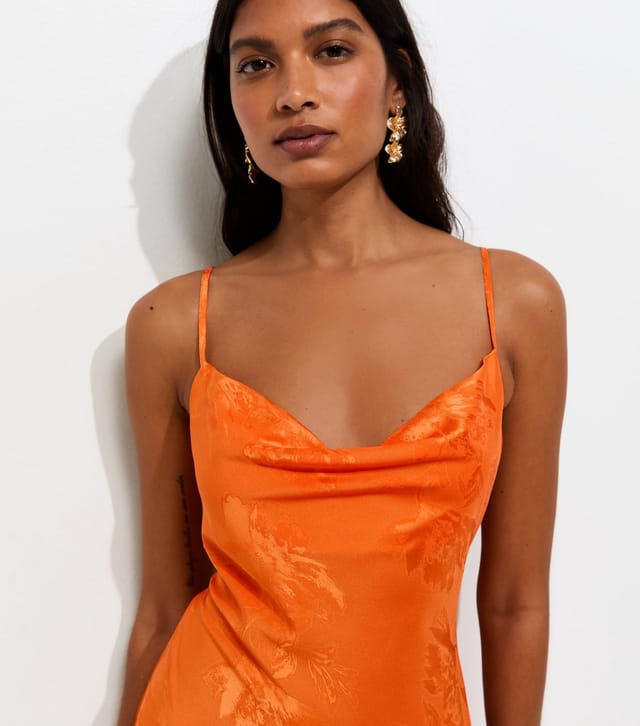 New Look Women's Bright Orange Floral Jacquard Cowl Neck Strappy Midi Dress New Look - 3