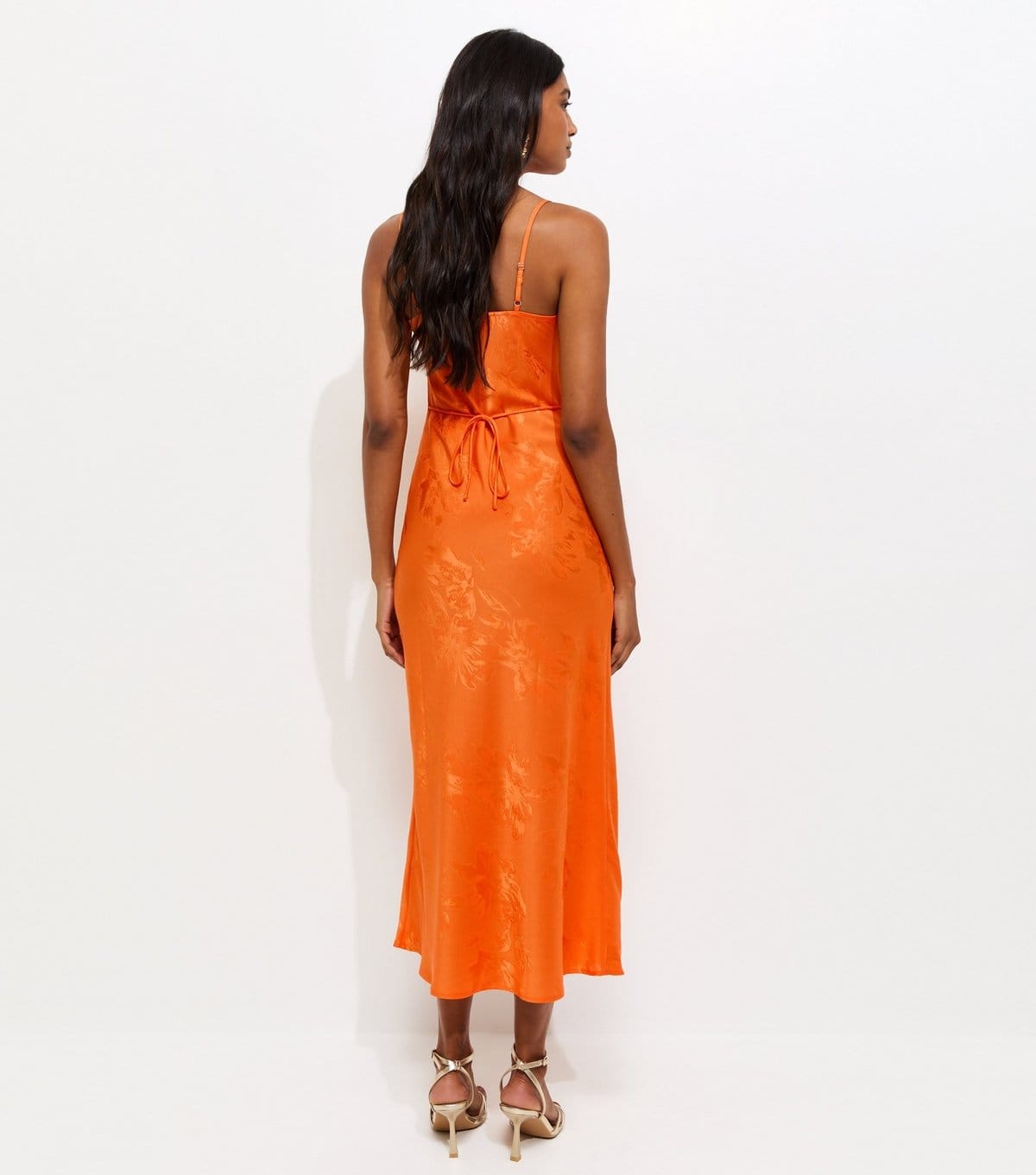 New Look Women's Bright Orange Floral Jacquard Cowl Neck Strappy Midi Dress New Look - 4