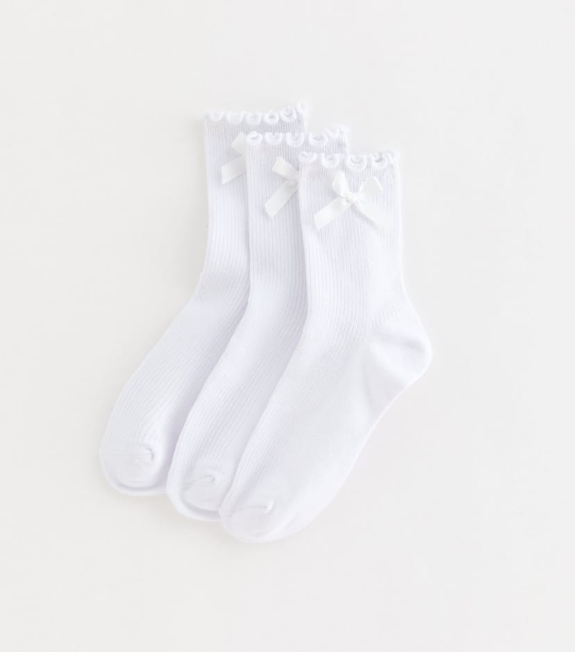 New Look Girls' Pack of 3 White Cotton Rich Frill Trim Ribbed Socks New Look - 1