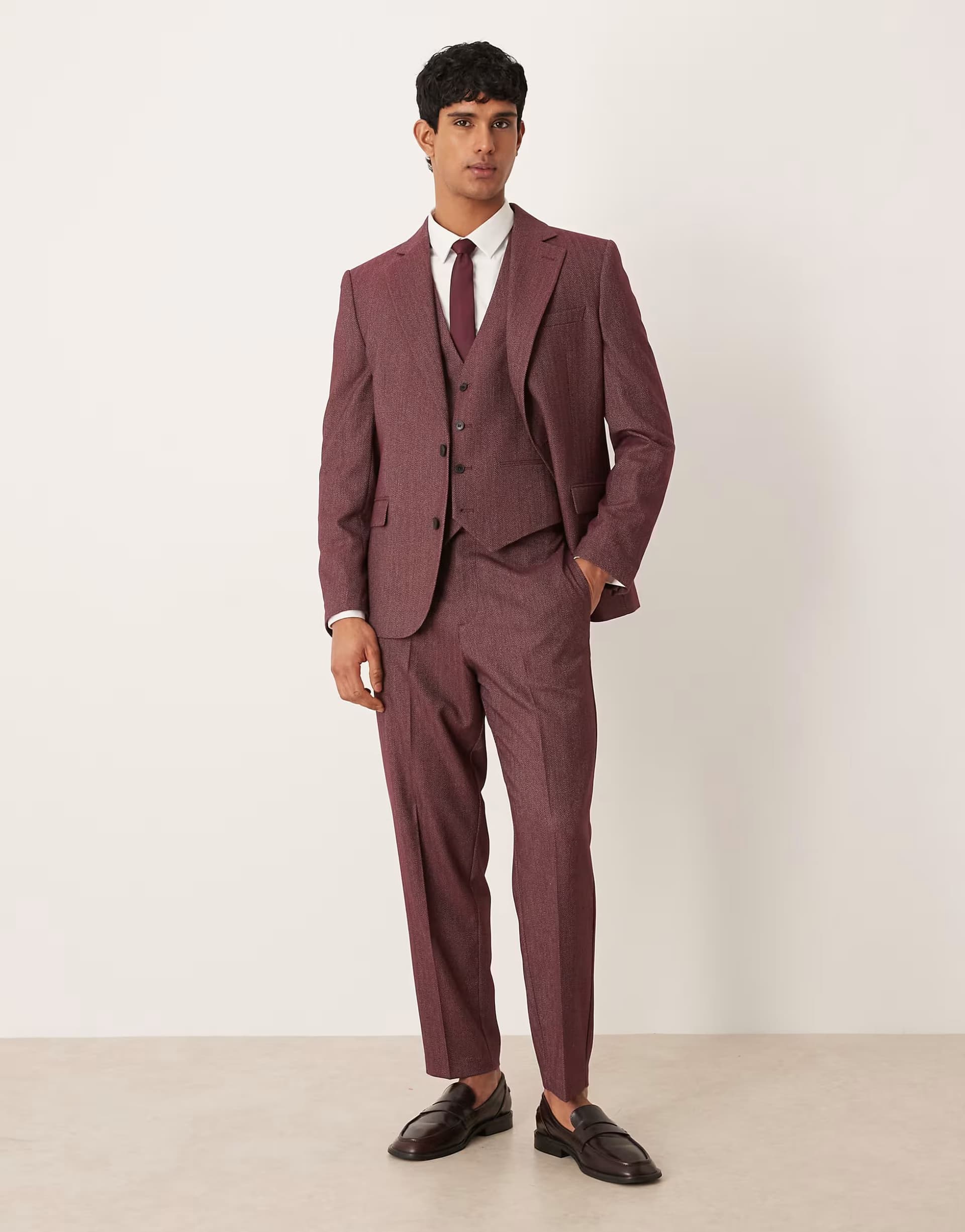 ASOS ASOS DESIGN relaxed tapered suit trousers in burgundy herringbone