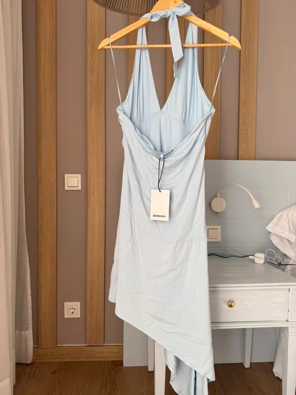 Bershka Bershka Baby Blue Halterneck Asymmetric Midi Dress BNWT Size L Summer Holiday