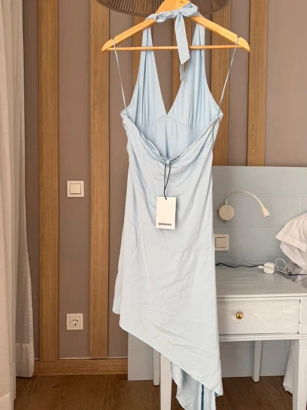 Bershka Bershka Baby Blue Halterneck Asymmetric Midi Dress BNWT Size L Summer Holiday - 1