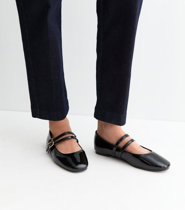 New Look Women's Wide Fit Black Faux Patent Leather Double Strap Mary Jane Sandals Vegan New Look - 2