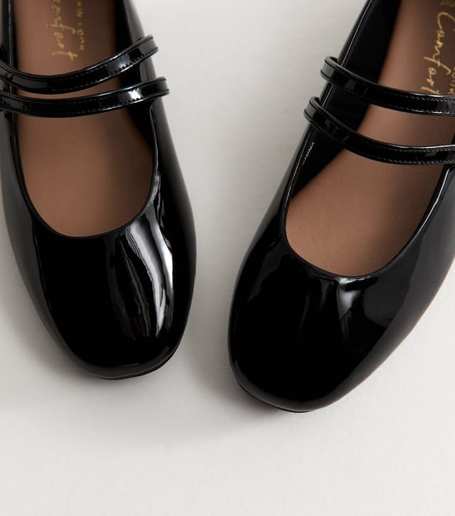 New Look Women's Wide Fit Black Faux Patent Leather Double Strap Mary Jane Sandals Vegan New Look - 3