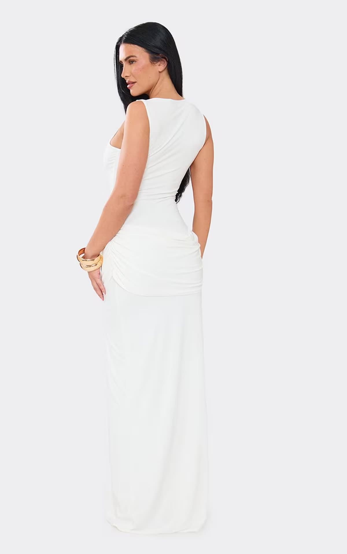 EGO Boat Neck Drape Panel Split Leg Maxi Dress In White., Women's Size UK 6