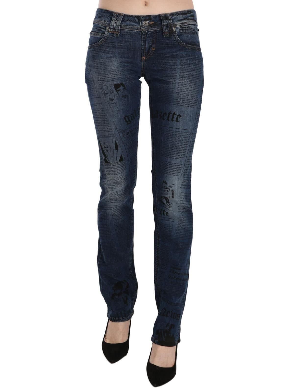 John Galliano John Galliano Women's Blue Newspaper Print Low Waist Skinny Denim Pants
