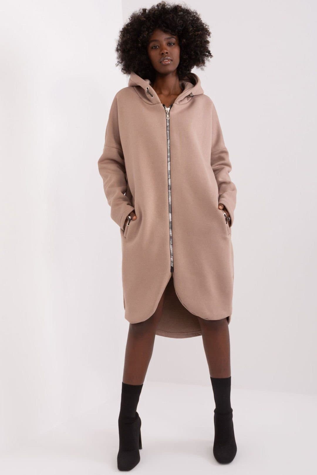 Love Lace Love Lace Women's Extended Hooded Zipper Sweatshirt Half Circle in Beige