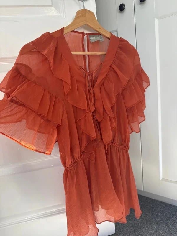 ASOS ASOS deep orange ruffle chiffon sheer blouse - size 10