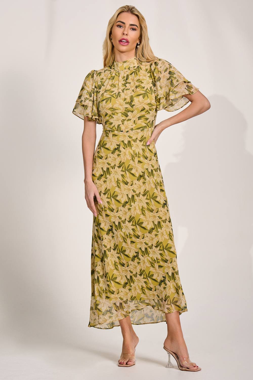 Jolie Moi Jolie Moi Women's High Neck Angel Sleeve Chiffon Maxi Dress in Yellow - 3