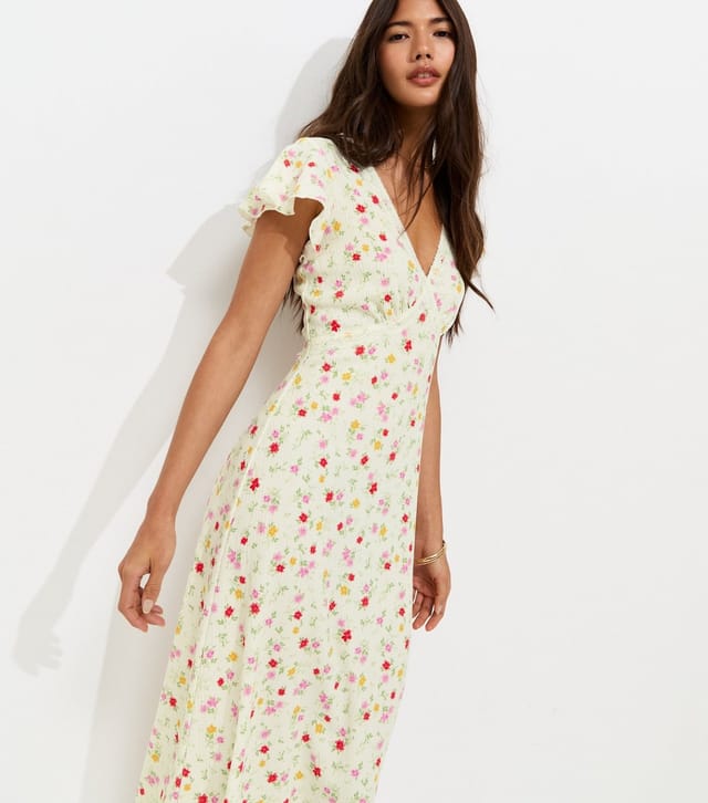 New Look Women's Cream Floral Flutter Sleeve Lace Trim Midi Dress New Look - 3