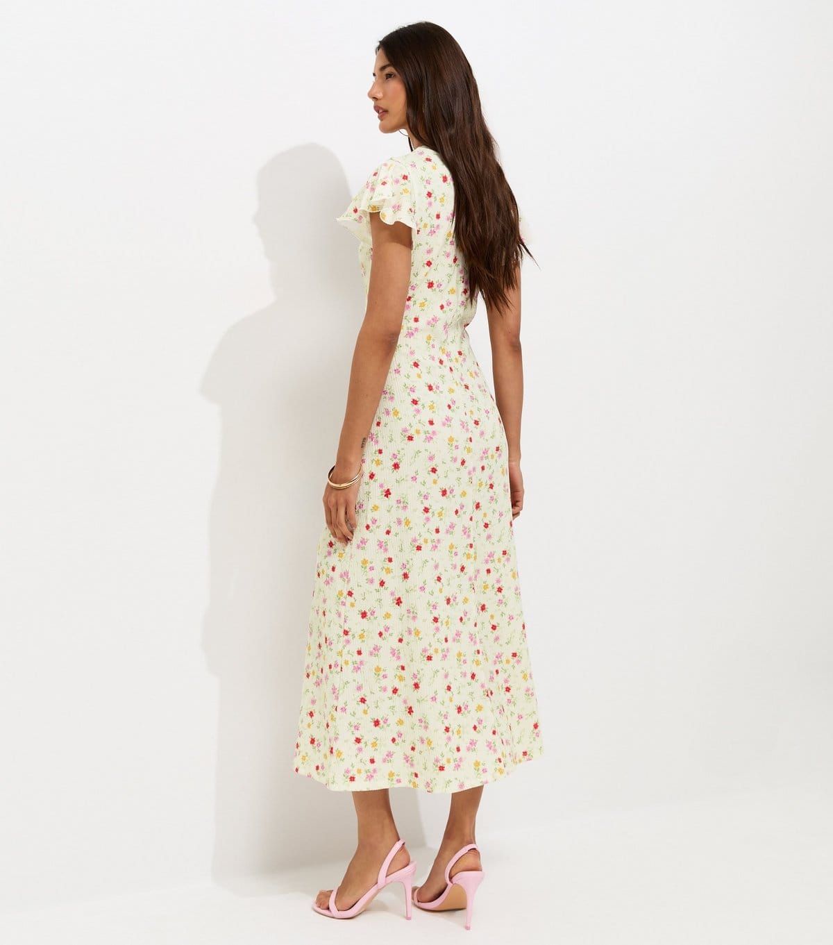 New Look Women's Cream Floral Flutter Sleeve Lace Trim Midi Dress New Look - 4