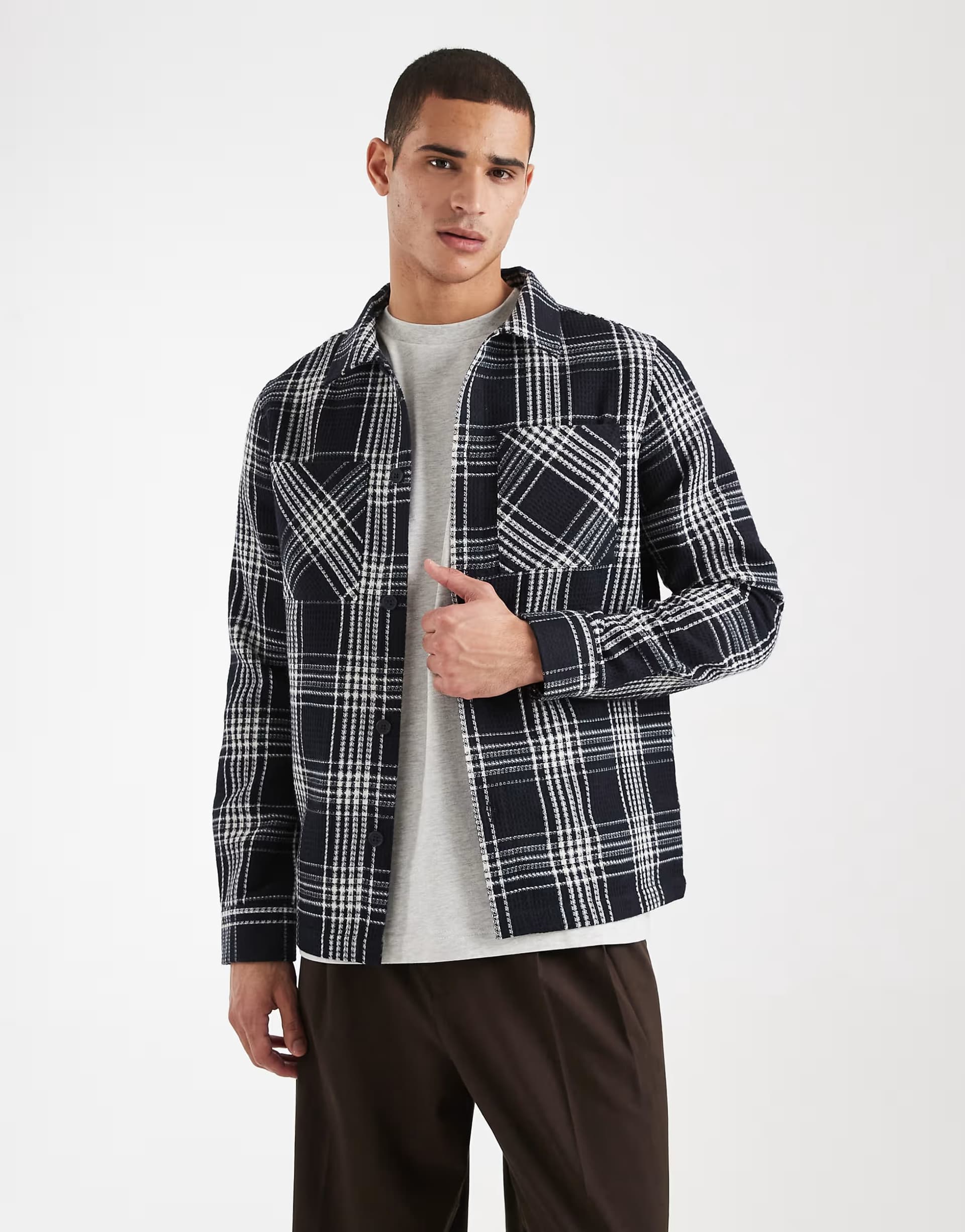 ASOS Threadbare pocket front shacket in navy and white check