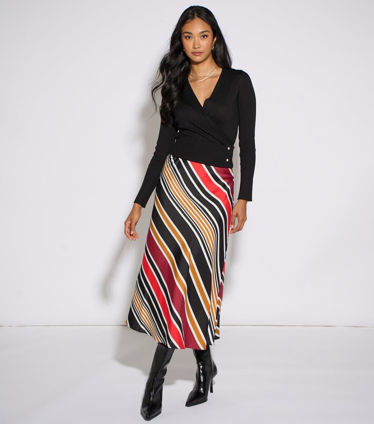 Gini London Women's Black Diagonal Stripe Satin Bias Cut Skirt Gini London New Look