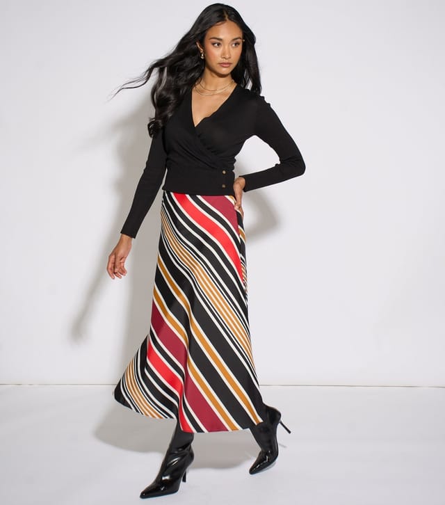 Gini London Women's Black Diagonal Stripe Satin Bias Cut Skirt Gini London New Look - 3