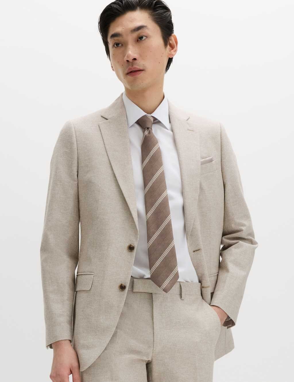 M&S Tailored Fit Cotton Linen Striped Jacket Neutral