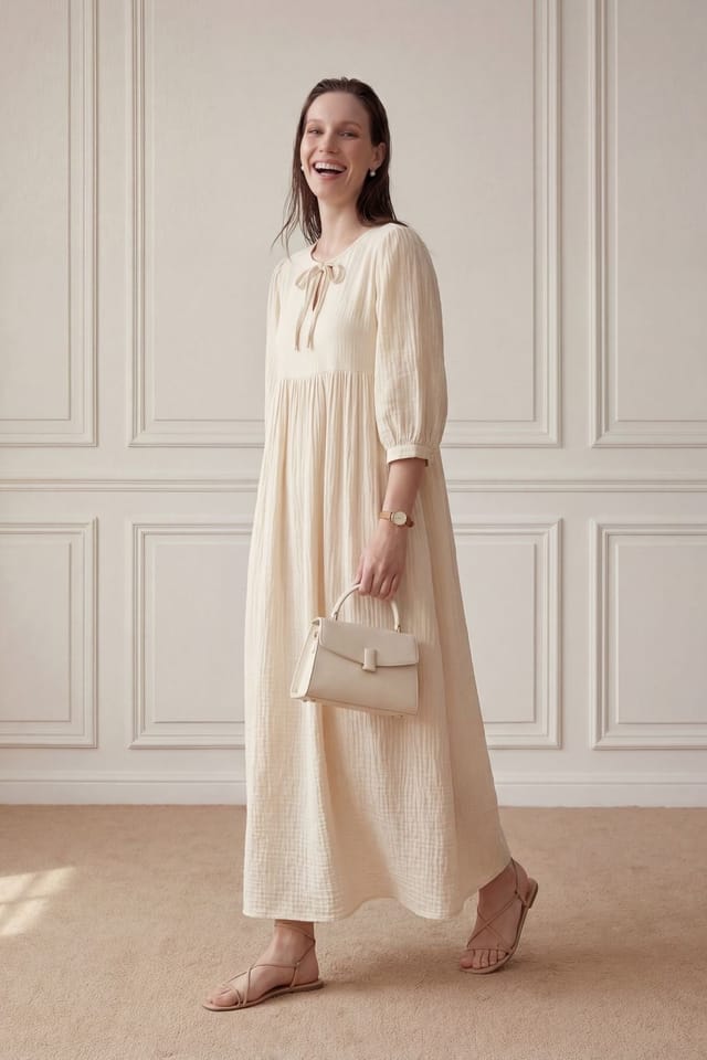 MyFashion MyFashion Women's Tie Detail Loose Fit Maxi Dress in Cream - 3