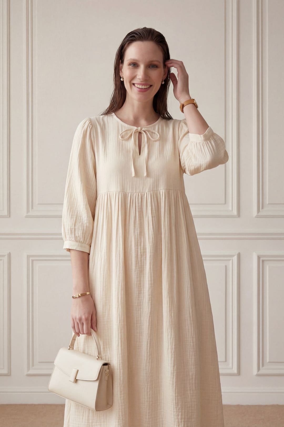 MyFashion MyFashion Women's Tie Detail Loose Fit Maxi Dress in Cream - 4