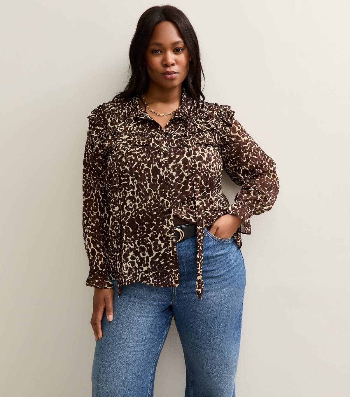 New Look Women's Plus Size Brown Animal Print Ruffle Trim Tie Neck Blouse Curves New Look