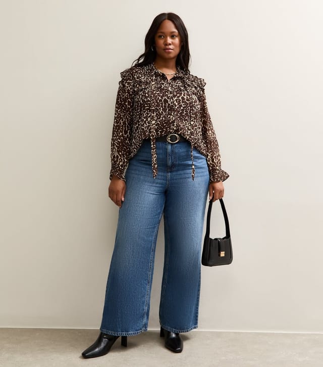 New Look Women's Plus Size Brown Animal Print Ruffle Trim Tie Neck Blouse Curves New Look - 2