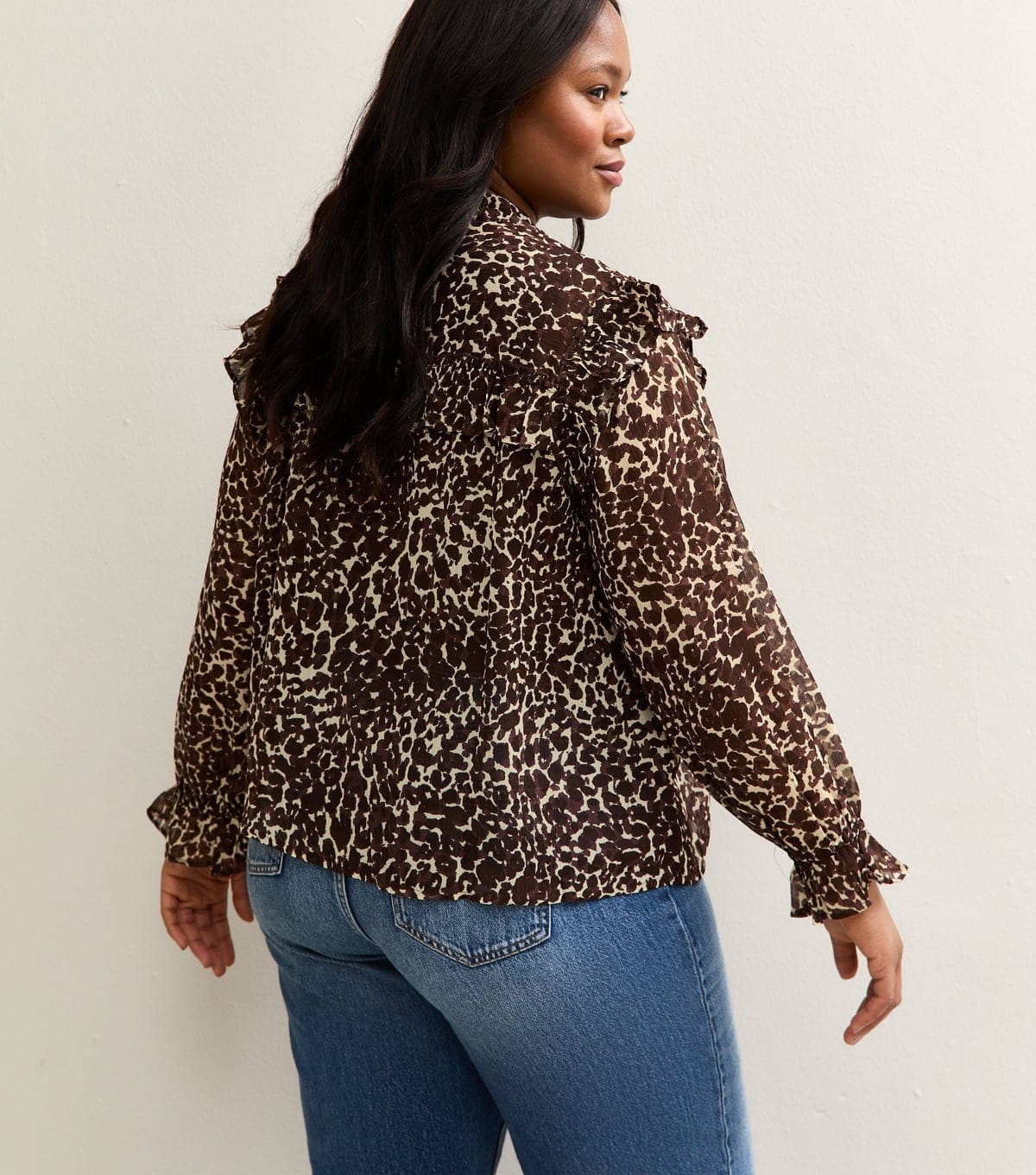 New Look Women's Plus Size Brown Animal Print Ruffle Trim Tie Neck Blouse Curves New Look - 4