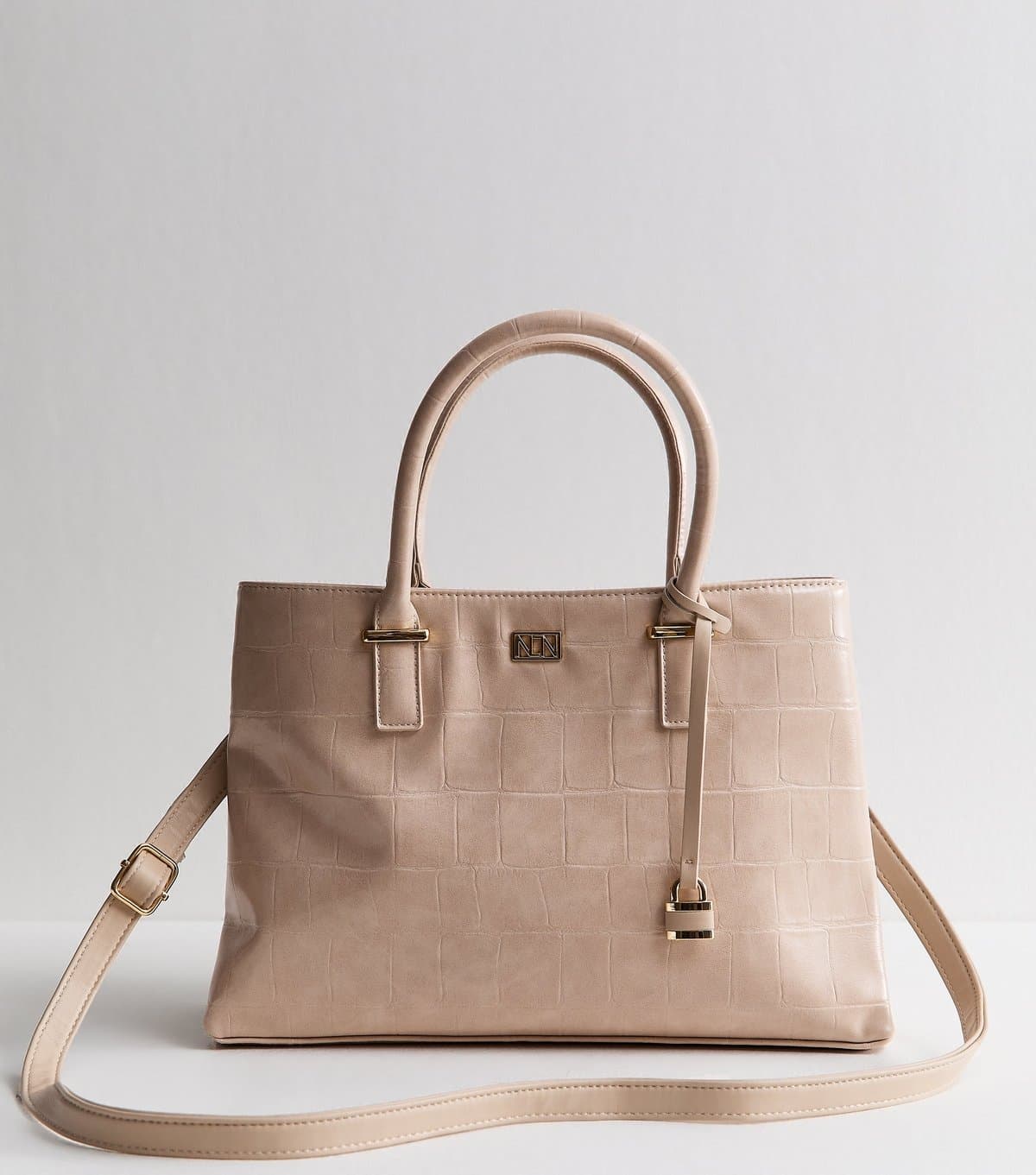 New Look Mink Faux Leather Croc Embossed Triple Compartment Tote Bag New Look