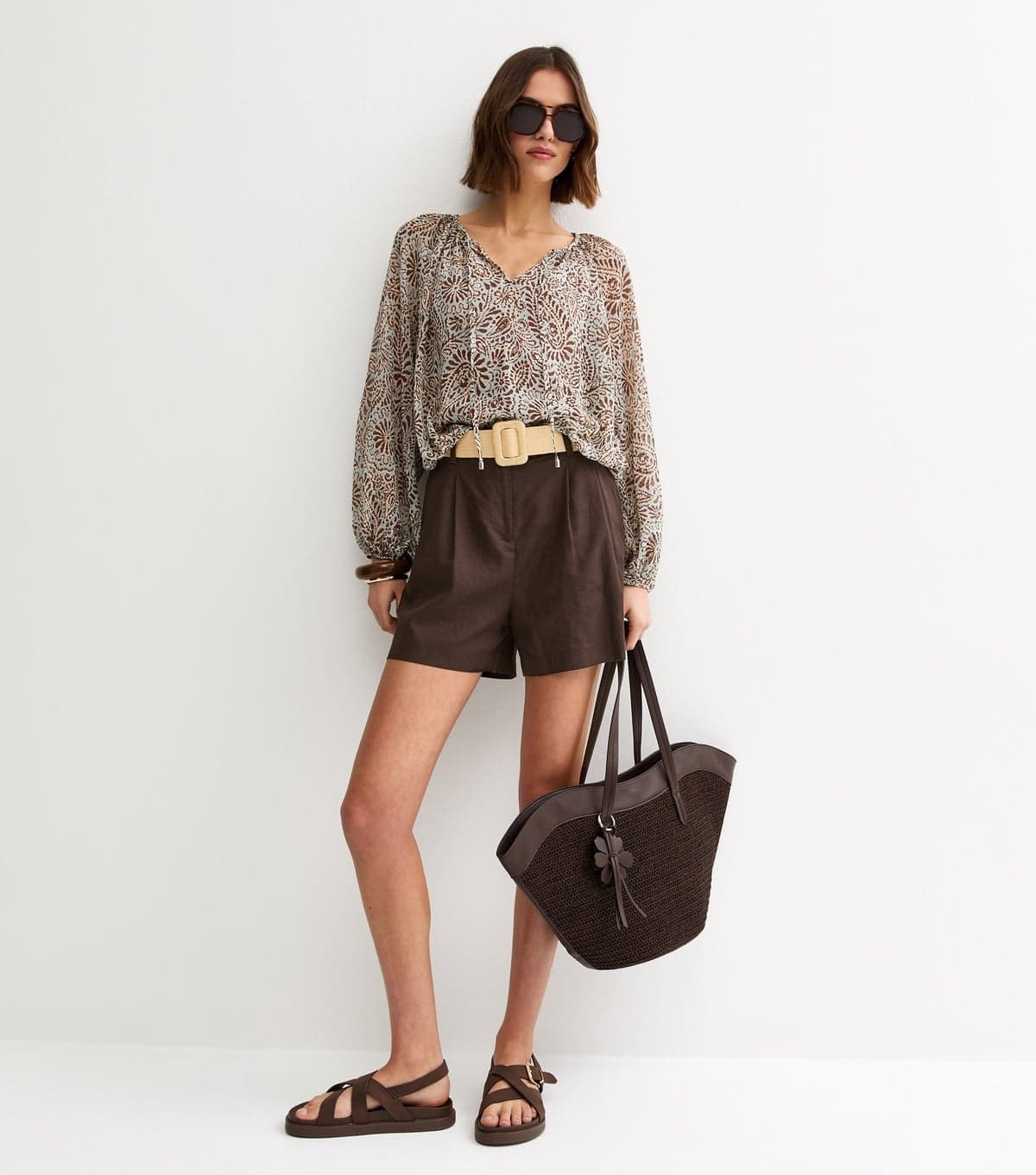 New Look Women's Dark Brown Linen Blend Belted Shorts New Look