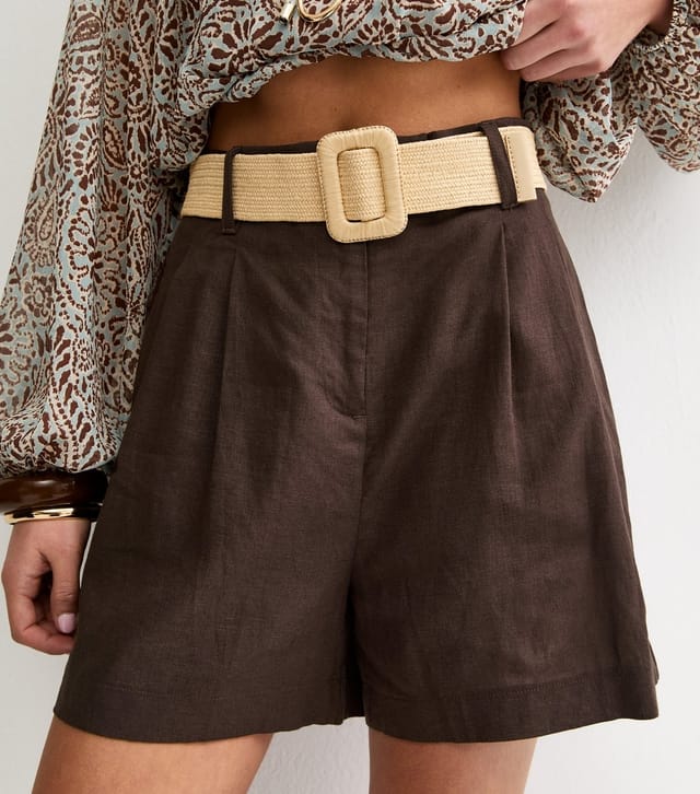 New Look Women's Dark Brown Linen Blend Belted Shorts New Look - 2