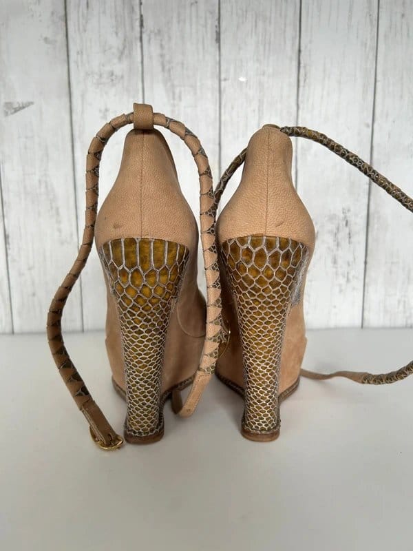 Atalanta Weller Atalanta Weller Women Peep Toe Platform Heels Size 39/UK6 Taupe Suede Python - 1