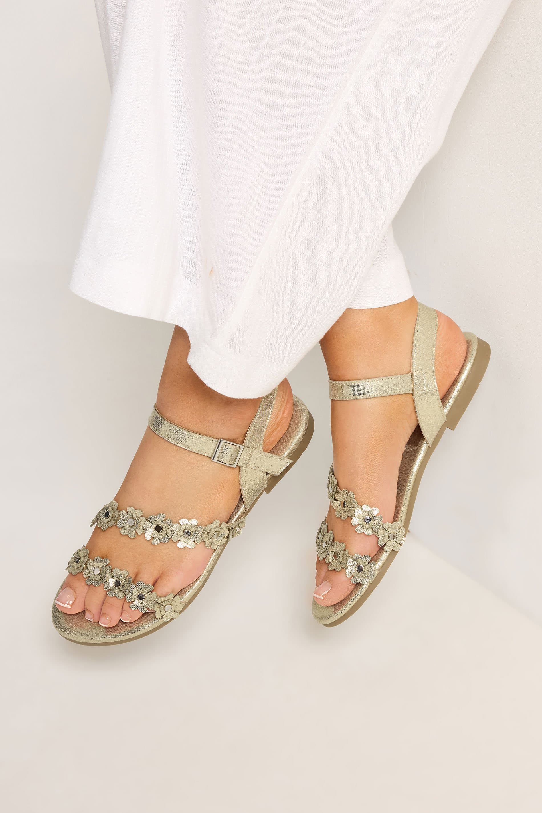 Yours Gold Ditsy Floral Sandals In Wide E Fit & Extra Wide Eee Fit