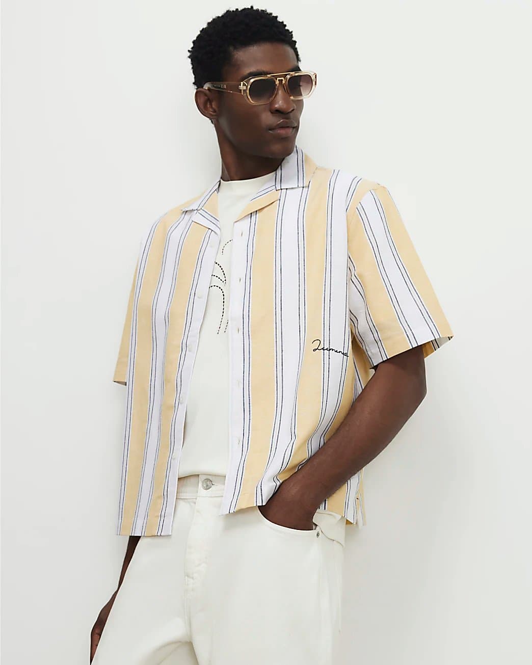 River Island Mens River Island Yellow Regular Fit Linen Blend Stripe Shirt