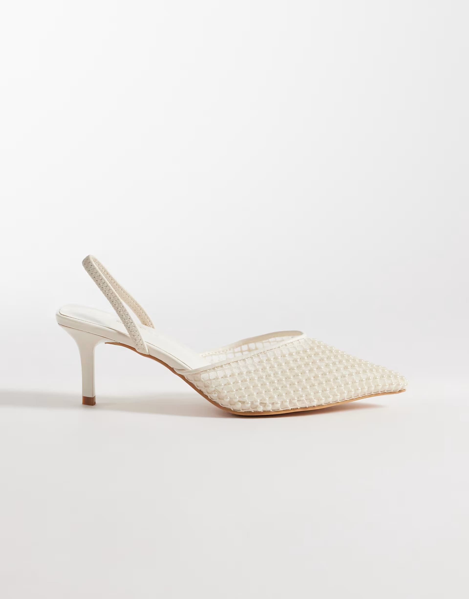 ASOS Glamorous Wide Fit kitten heel shoes with pearls in ivory