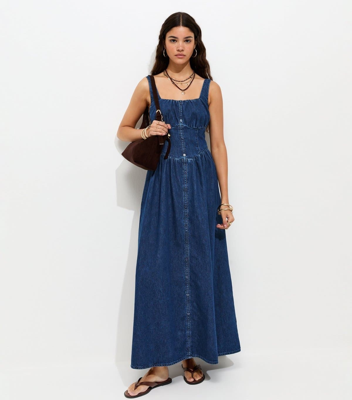 New Look Women's Blue Cotton Milkmaid Denim Midi Dress New Look