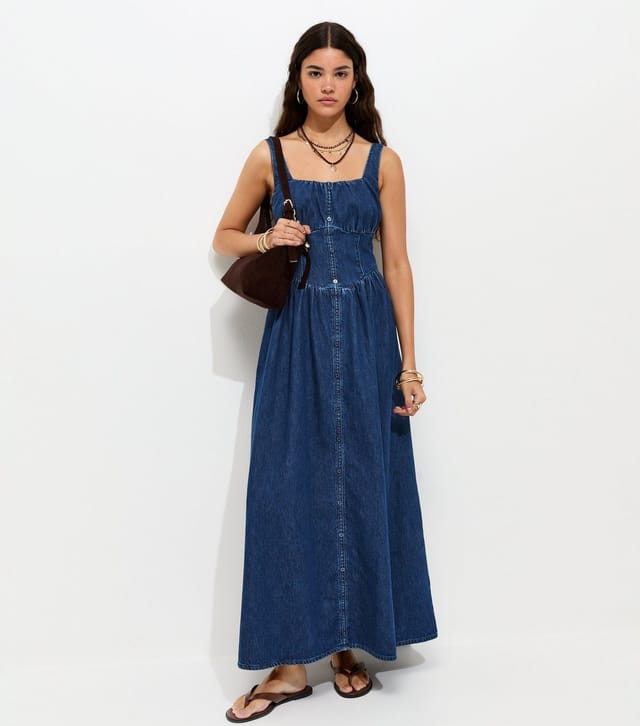 New Look Women's Blue Cotton Milkmaid Denim Midi Dress New Look - 2
