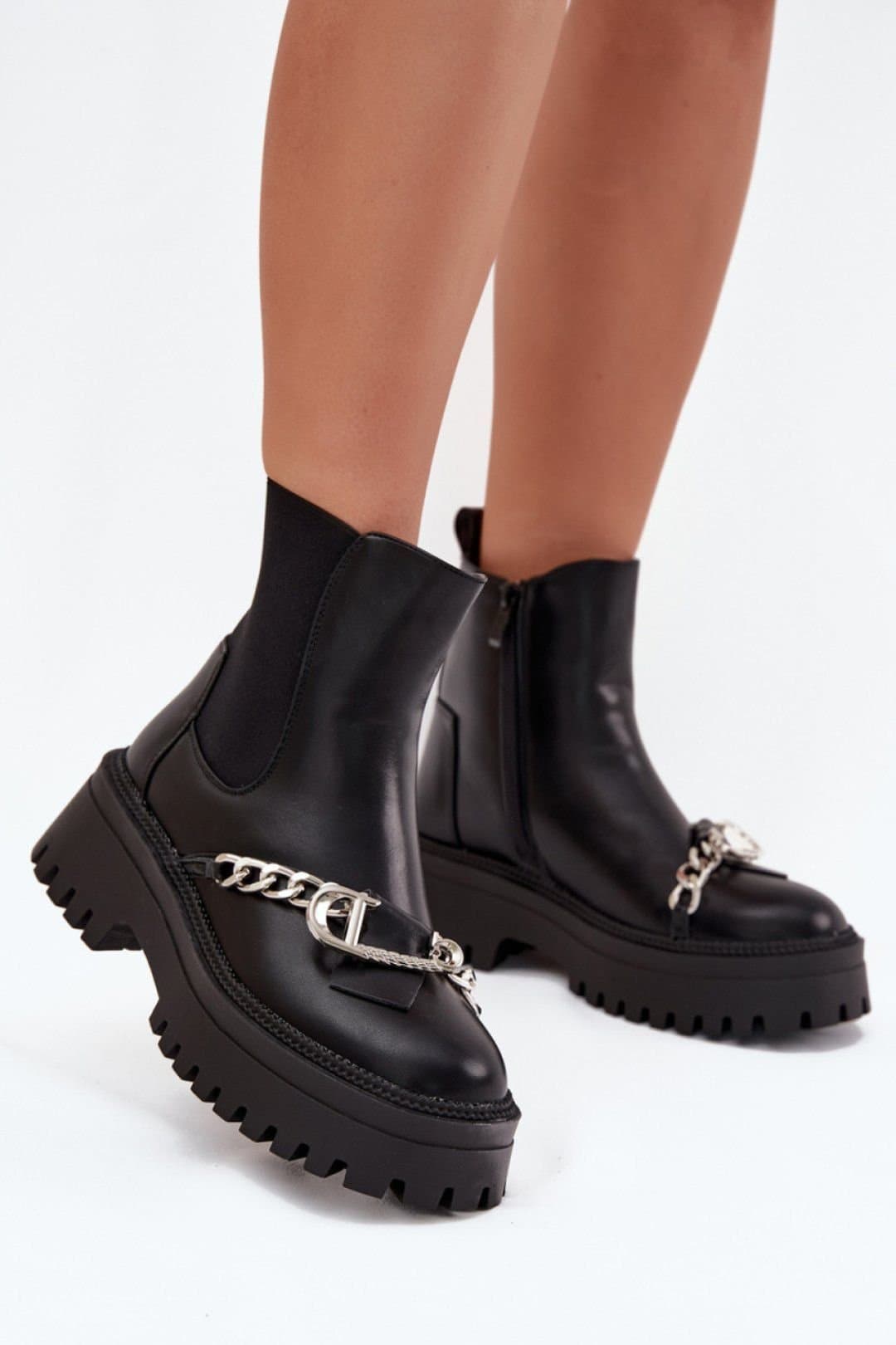 Love Lace Love Lace Women's Fur Lined Platform Ankle Boots with Chain Buckle Zipper in Black