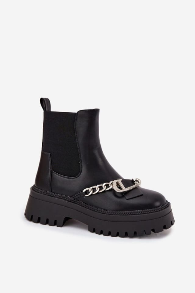 Love Lace Love Lace Women's Fur Lined Platform Ankle Boots with Chain Buckle Zipper in Black - 2