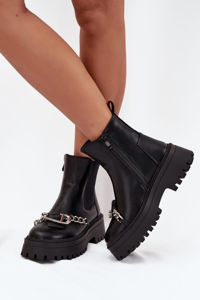 Love Lace Love Lace Women's Fur Lined Platform Ankle Boots with Chain Buckle Zipper in Black - 3