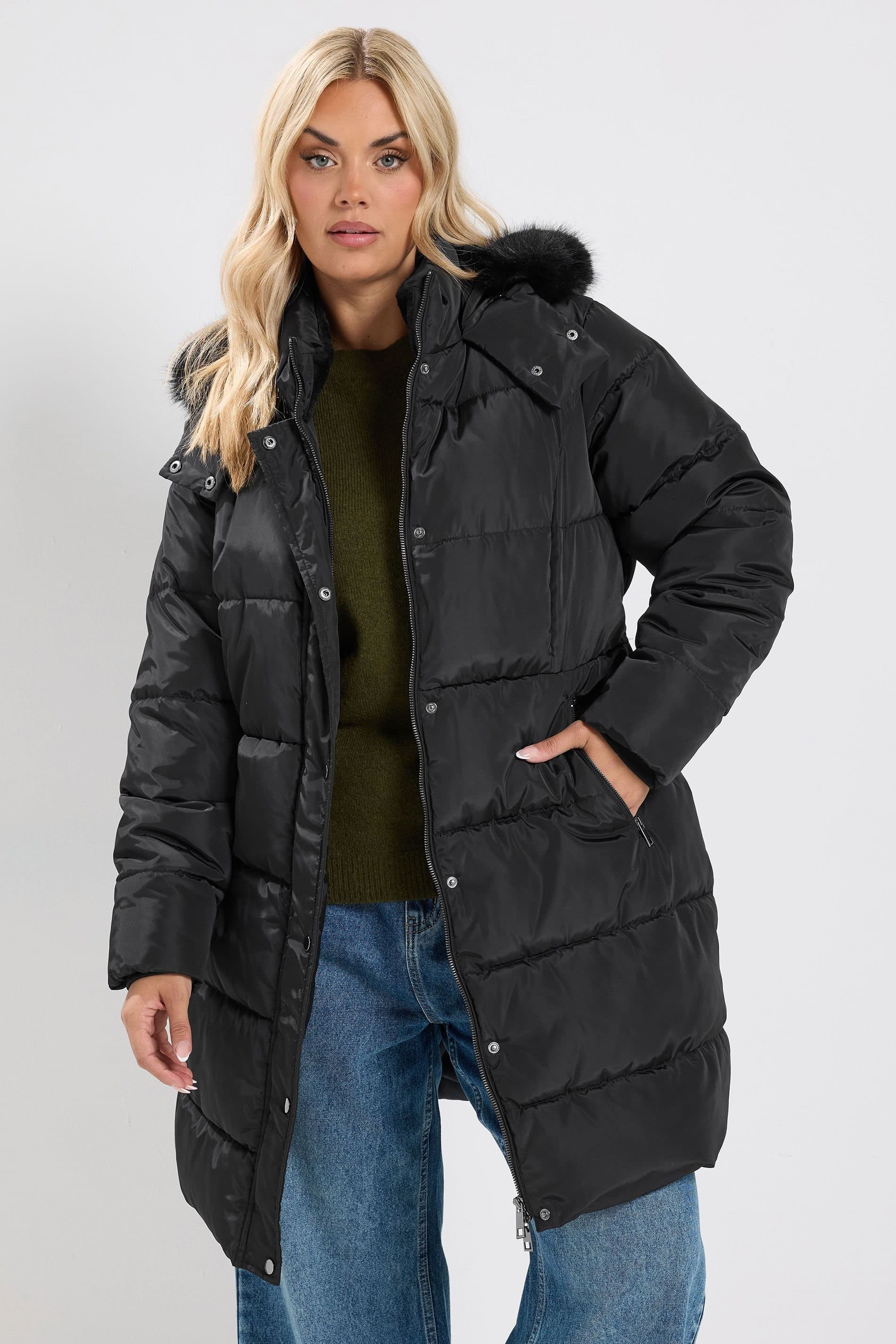Yours Yours Women's Midi Puffer Coat in Black