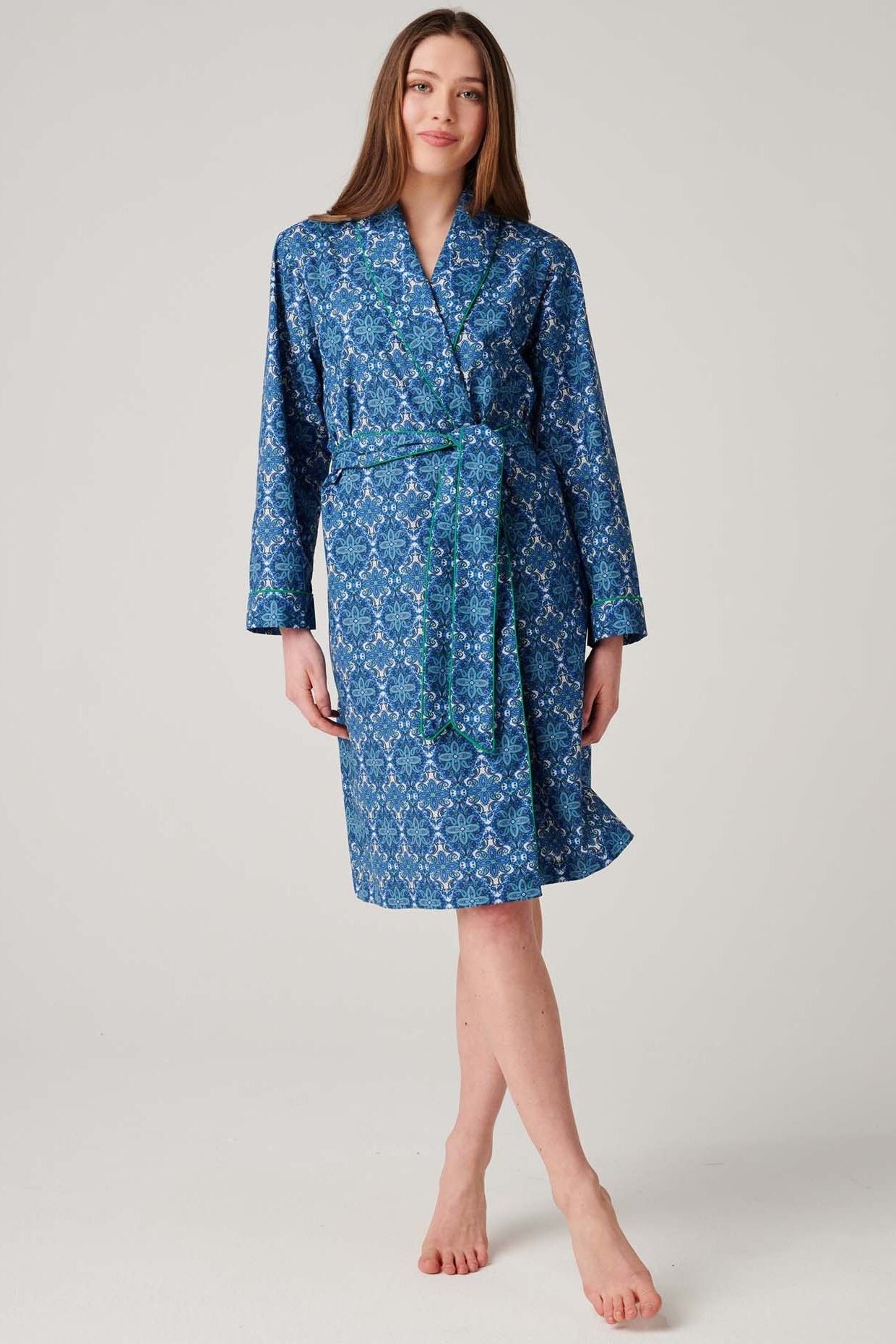 British Boxers British Boxers Women's "Marrakesh Paisley" Crisp Cotton Mid-Length Dressing Gown in Bright Blue - 2