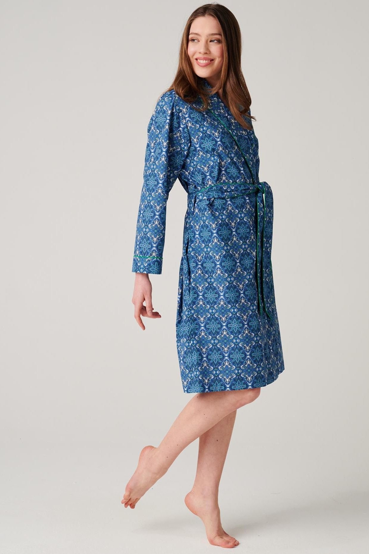British Boxers British Boxers Women's "Marrakesh Paisley" Crisp Cotton Mid-Length Dressing Gown in Bright Blue - 3
