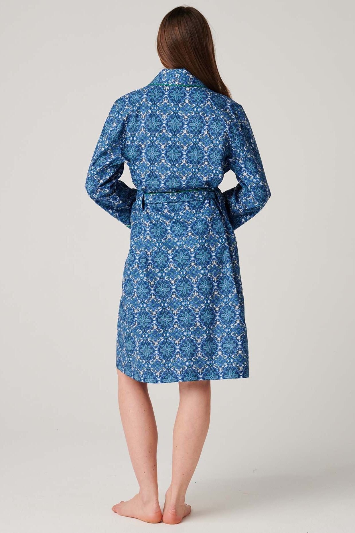 British Boxers British Boxers Women's "Marrakesh Paisley" Crisp Cotton Mid-Length Dressing Gown in Bright Blue - 4