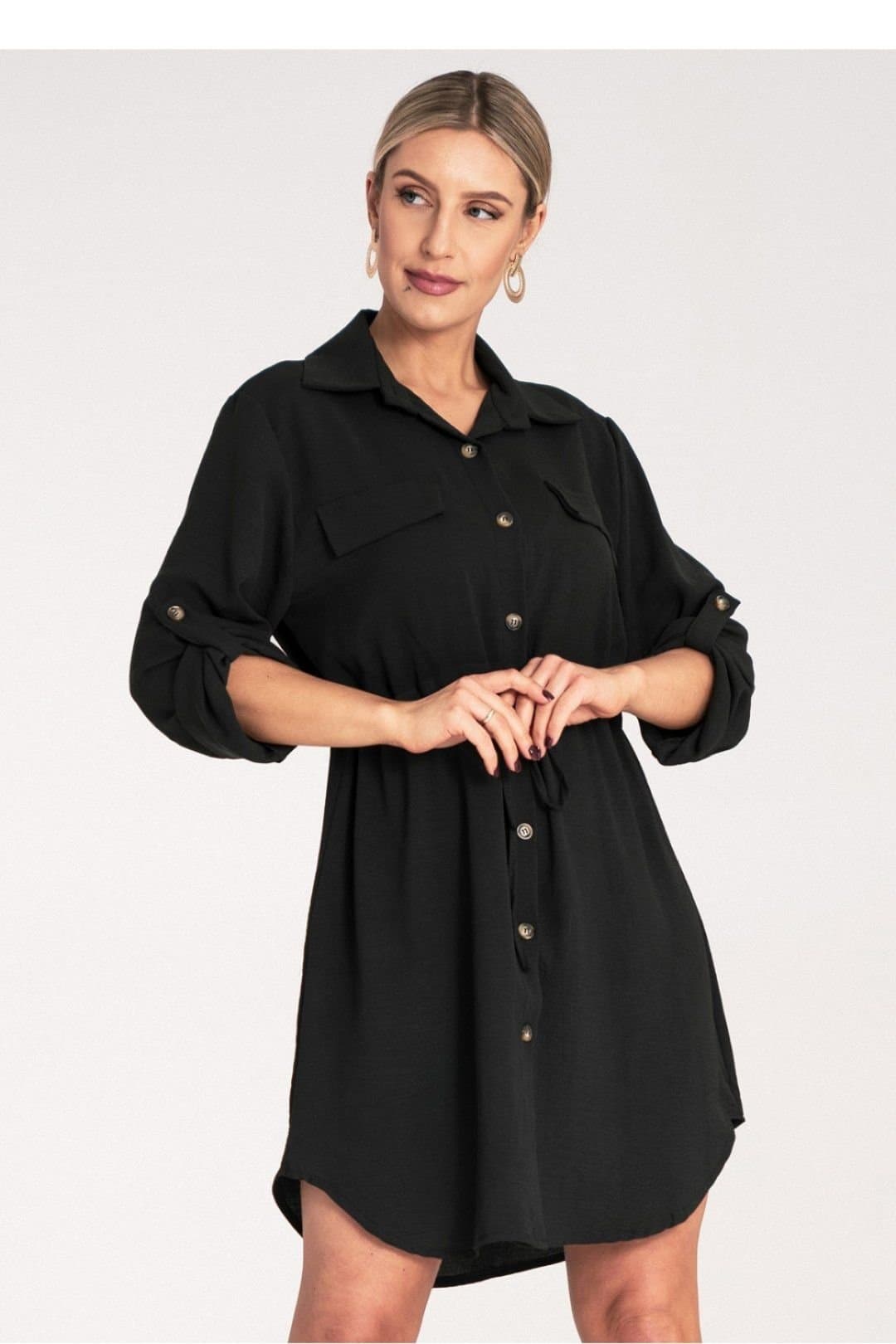 Love Lace Love Lace Women's Waist Tie Buttoned Shirt Dress with Roll Sleeves in Black